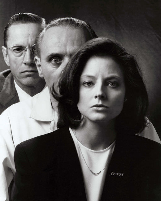 Jodie Foster, Anthony Hopkins and Scott Glenn posing for a promo picture for Silence of the Lambs in 1991.