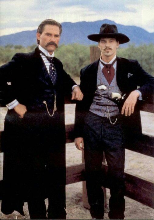 Kurt Russell and Val Kilmer do a promotional picture for Tombstone in 1994.