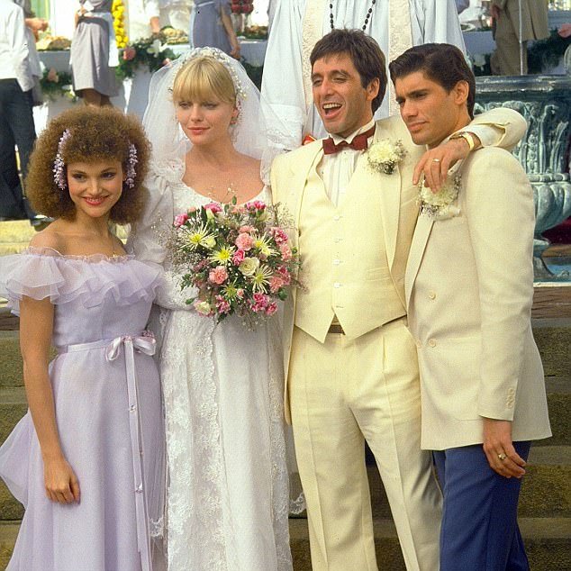 Mary Elizabeth Mastrantonio, Michelle Pfeiffer, Al Pacino, and Steven Bauer take the wedding picture used at Tony Montana's home later on in the film and for promotion of the film Scarface in 1984.