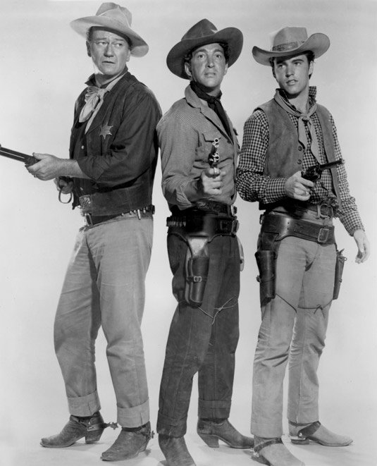 John Wayne, Dean Martin, and Ricky Nelsen promo picture for the film Rio Bravo in 1959.