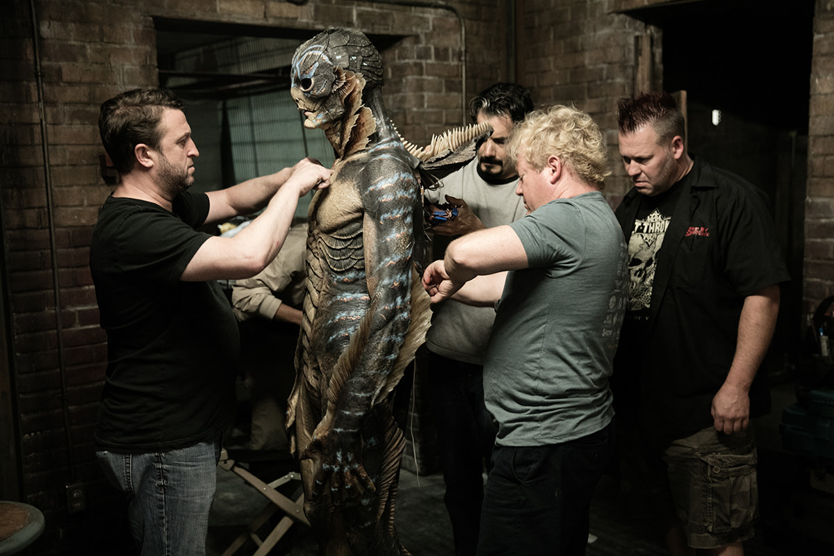The special effects crew prepare Doug Jones in his costume for a scene in The Shape of Water in 2017.
