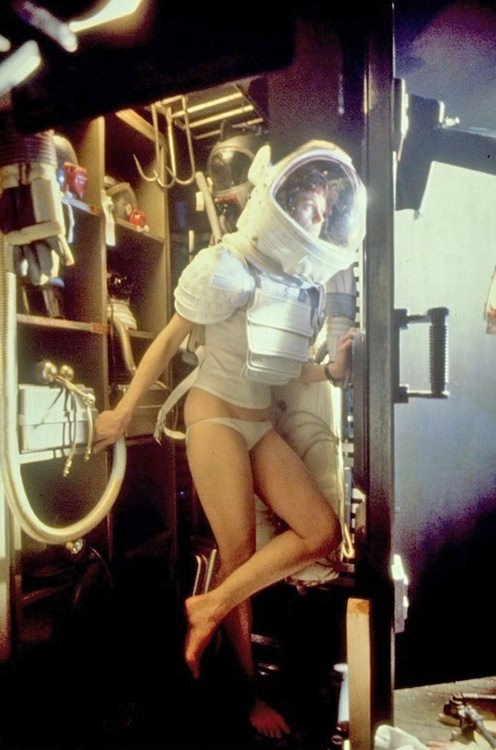 Sigourney Weaver getting in the space gear used for a scene in Alien in 1979.