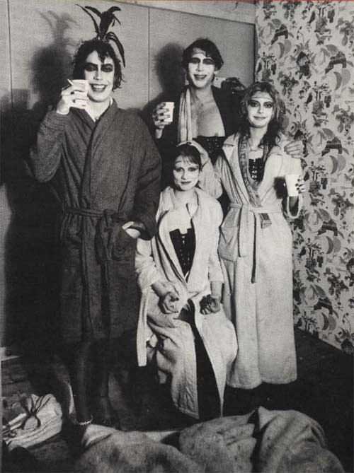 Tim Curry, Nell Campbell, Barry Bostwick and Susan Sarandon take a break between scenes of The Rocky Horror Picture Show in 1975.