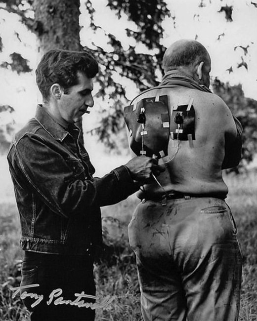 Special effects artist Tony Pantanella gets an extra playing a zombie ready to be shot during the film Night Of The Living Dead in 1968,