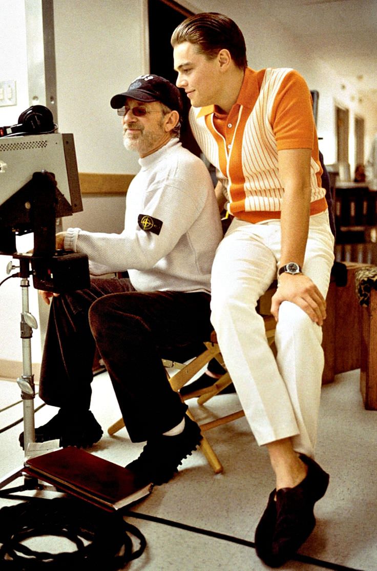 Steven Spielberg and Leonardo DiCaprio on the set of Catch Me If You Can in 2002.