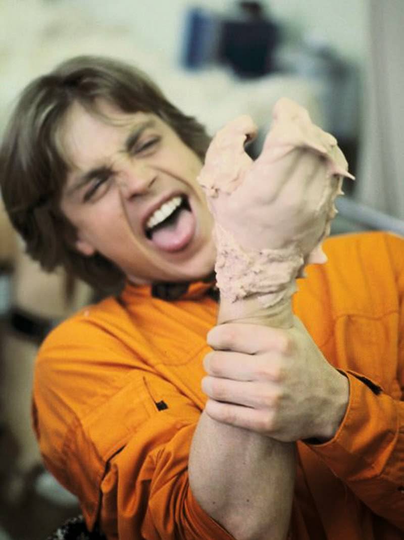 Mark Hamill practicing for the scene where he loses his hand for the film Star Wars: The Empire Strikes Back in 1980.
