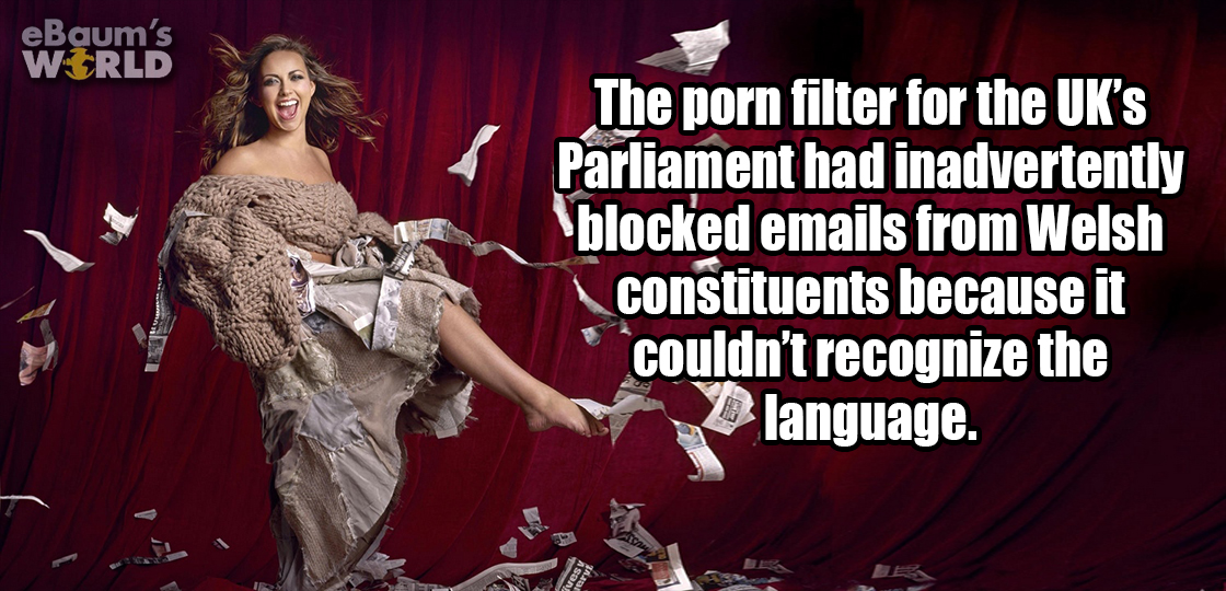 performance - eBaum's World The porn filter for the Uk's Parliament had inadvertently blocked emails from Welsh constituents because it couldn't recognize the language.
