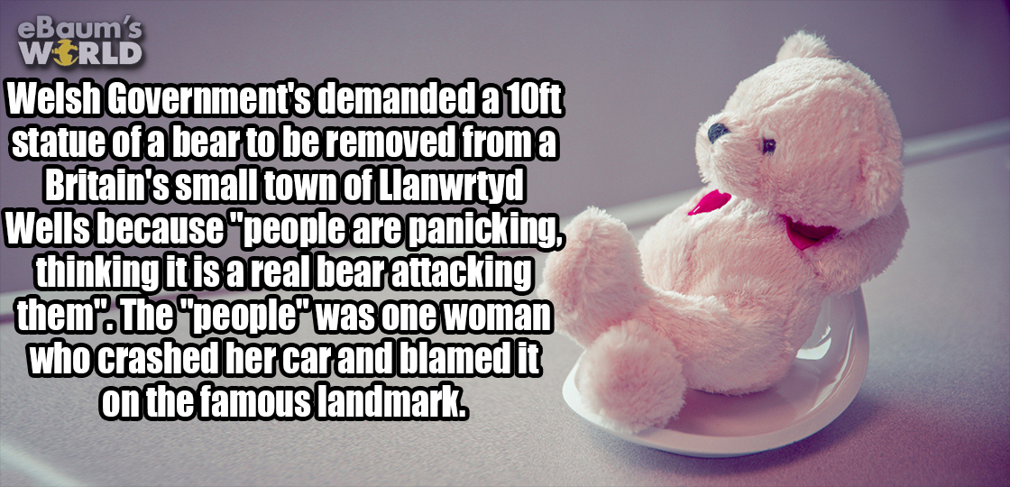 stuffed toy - eBaum's WRld Welsh Government's demanded a 10ft statue of a bear to be removed from a Britain's small town of Llanwrtyd Wells because people are panicking, thinking it is a real bear attacking them. The people was one woman who crashed her c