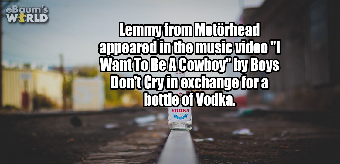 water - eBaum's World Lemmy from Motrhead appeared in the music video I Want To Be A Cowboy by Boys Don't Cry in exchange for a bottle of Vodka. Vodka