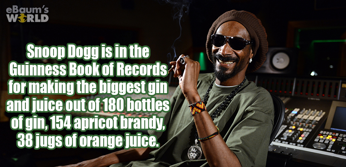 snoop lion - eBaum's World Snoop Dogg is in the Guinness Book of Records for making the biggest gin and juice out of 180 bottles of gin, 154 apricot brandy, 38 jugs of orange juice.