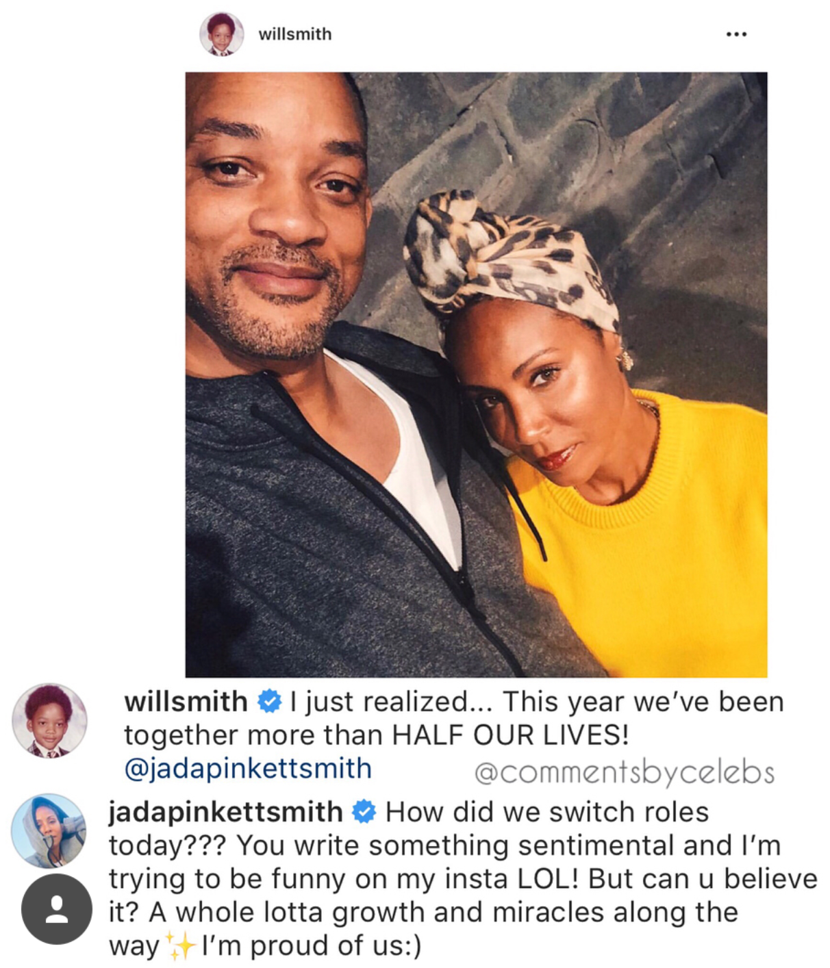 jada pinkett smith will smith 2019 - willsmith willsmith I just realized... This year we've been together more than Half Our Lives! jadapinkettsmith How did we switch roles today??? You write something sentimental and I'm trying to be funny on my insta Lo