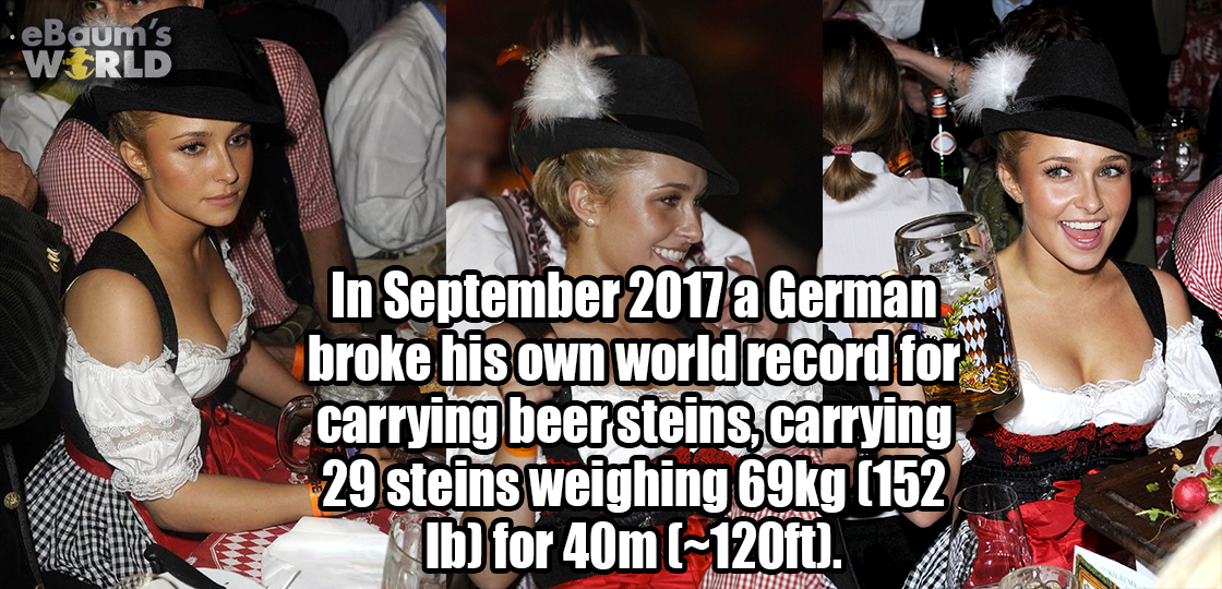 event - eBaum's World In a German broke his own world record for carrying beersteins, carrying 29 steins weighing 69kg 152 Ib for 40m 120ft.