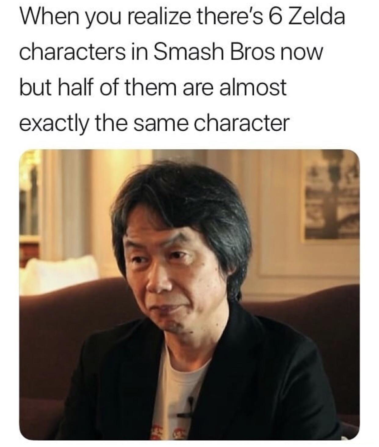 sad shigeru miyamoto - When you realize there's 6 Zelda characters in Smash Bros now but half of them are almost exactly the same character