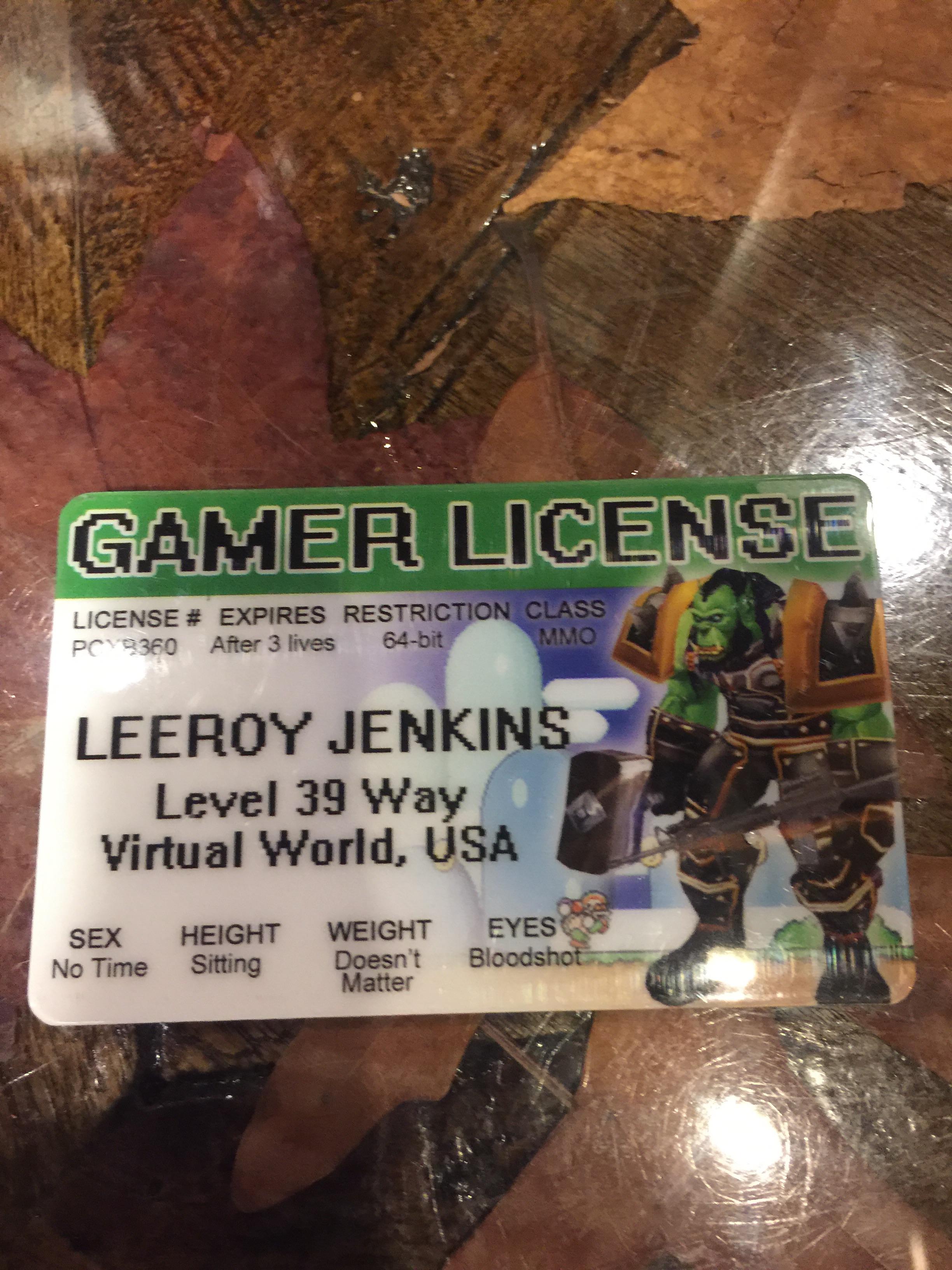 epic gamer license - Gamer License License Expires Restriction Glass PC990 Ater 3 lives 64bit Leeroy Jenkins Level 39 Way Virtual World, Usa Sex Height Weight Eyes No Time Sitting Doesn't Bloodshot Matter