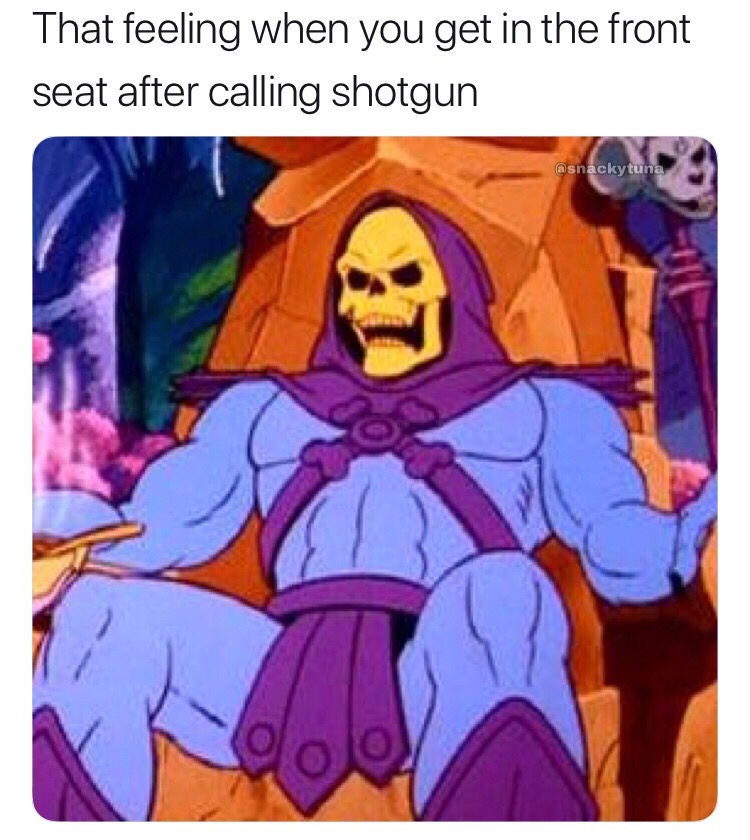 memes - skeletor spoo - That feeling when you get in the front seat after calling shotgun tuna