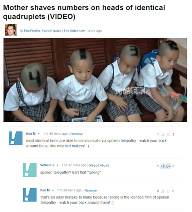 ken m - Mother shaves numbers on heads of identical quadruplets Video By Eric Pfeiffer, Yahool News | The Sideshow 4 hrs ago Ben Ken M. 1 hr 45 mins ago Remove most identical twins are able to communicate via spoken telepathy watch your back around these 