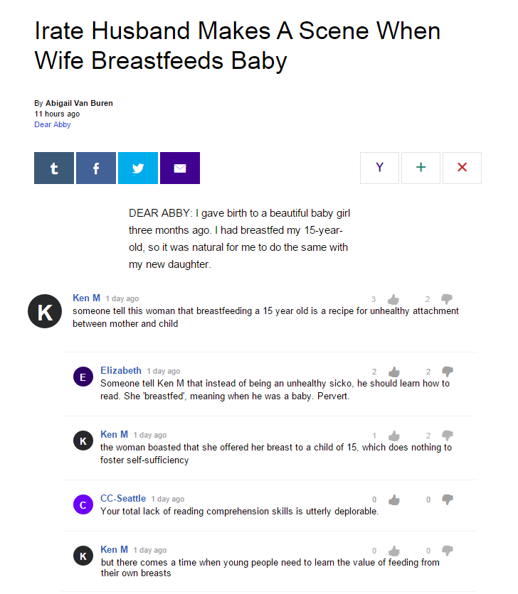 ken m breastfeeding - Trate Husband Makes A Scene When Wife Breastfeeds Baby By Abigail Van Buren 11 hours ago Dear Abby Y x Dear Abby I gave birth to a beautiful baby girl three months ago. I had breastfed my 15year old, so it was natural for me to do th