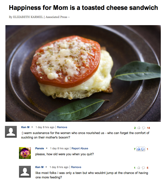 ken m breastfeeding - Happiness for Mom is a toasted cheese sandwich By Elizabeth Karmel Associated Press Kan M. 1 day Bhs ago Remove warm sustenance for the women who once nourished us who can forget the comfort of suckling on their mother's bosom? Pansi