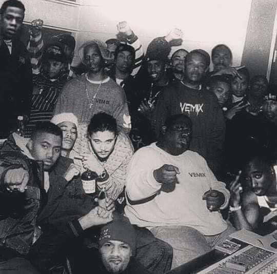 Photo of: 2Pac, Eazy-E, Dr. Dre, Nas, Snoop Dogg, Big L 139, Bone Thugs-N-Harmony, Diddy, Jay-Z, The Notorious B.I.G., DMX, and Redman.  Said to be a fake, you decide...