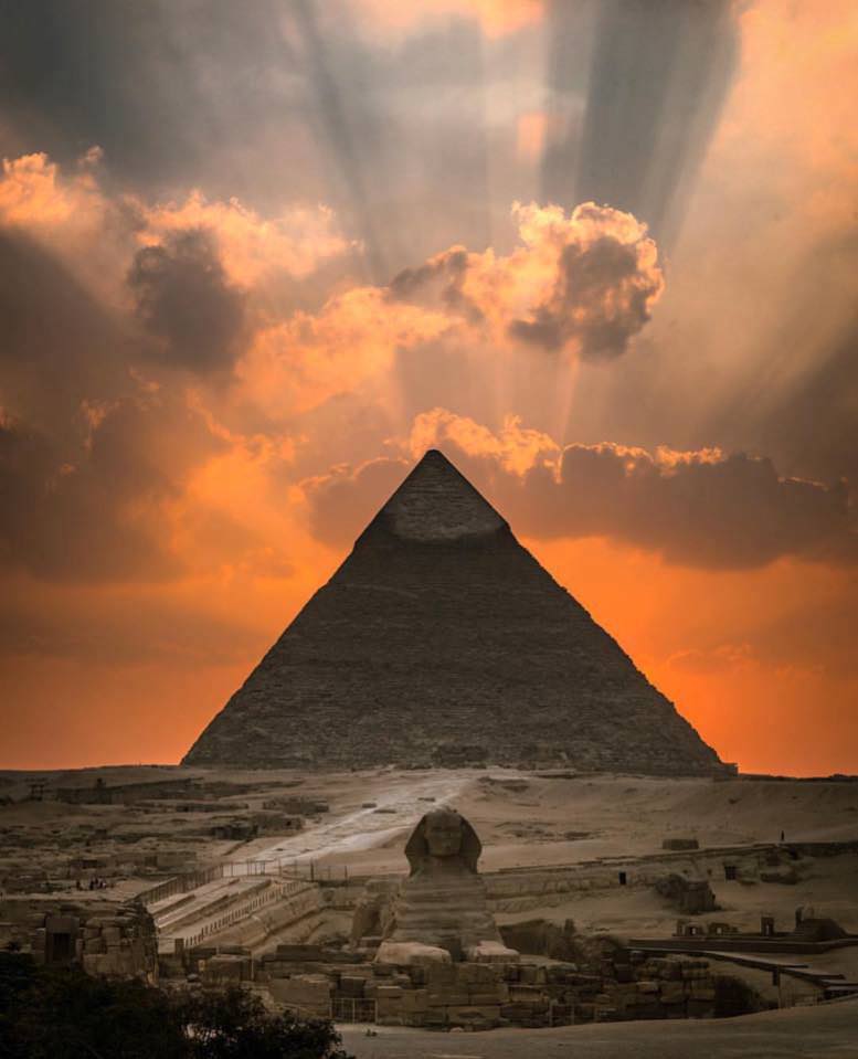 Sunset over the Great Pyramid of Giza.