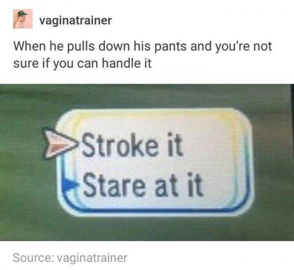 sign - vaginatrainer When he pulls down his pants and you're not sure if you can handle it >Stroke it Stare at it Source vaginatrainer