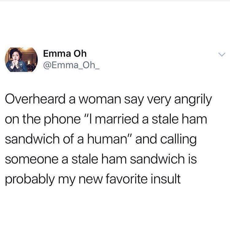 meme bitchy insult - Emma Oh Overheard a woman say very angrily on the phone "I married a stale ham sandwich of a human" and calling someone a stale ham sandwich is probably my new favorite insult