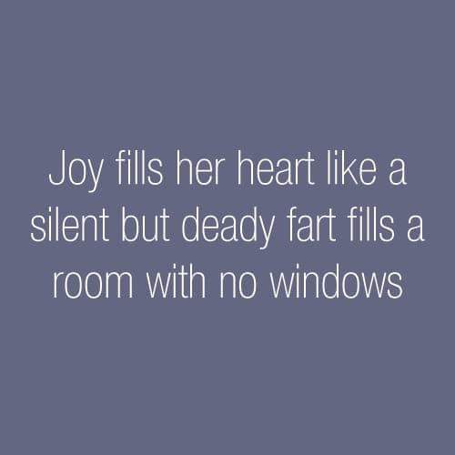 sky - Joy fills her heart a silent but deady fart fills a room with no windows