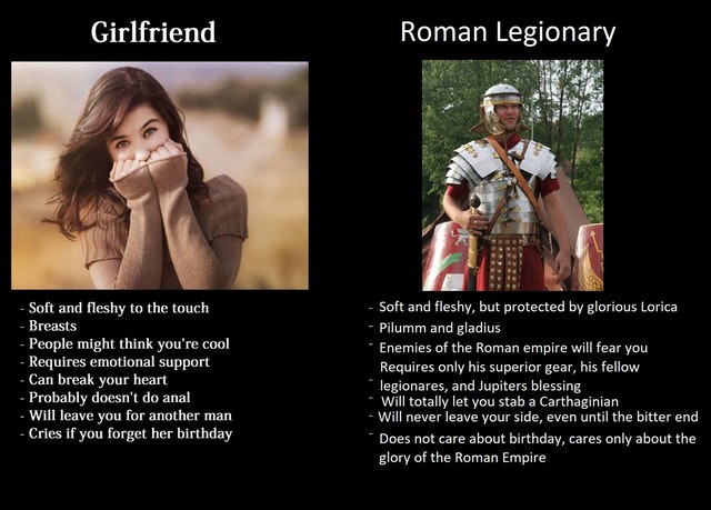 memes - panther vs girlfriend - Girlfriend Roman Legionary Soft and fleshy to the touch Breasts People might think you're cool Requires emotional support Can break your heart Probably doesn't do anal Will leave you for another man Cries if you forget her 