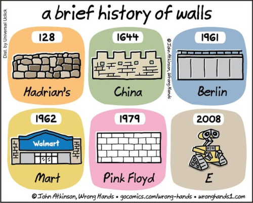 memes - brief history of walls - a brief history of walls Dist. by Universal Uclick 128 1644 1961 Liggo Life John Atkinson, Wrong Hands Hadrian's China Berlin 1962 1979 2008 On Hitela Walmart Hh Mart Pink Floyd John Atkinson, Wrong Hands.gocomics.comwrong