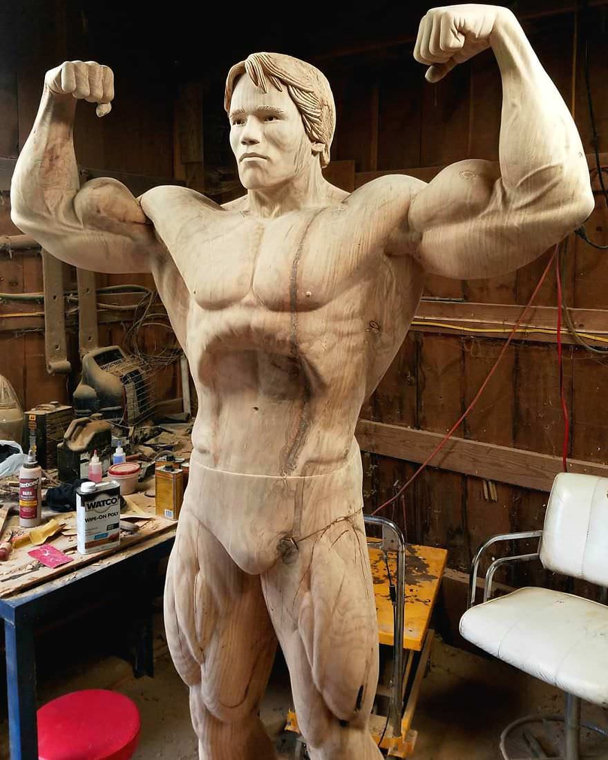 James O’Neal's Wood Statue Of Arnold Schwarzenegger From The End To The Beginning