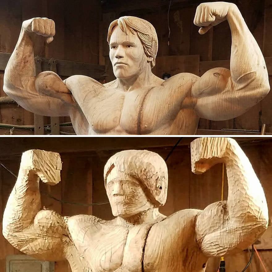 James O’Neal's Wood Statue Of Arnold Schwarzenegger From The End To The Beginning