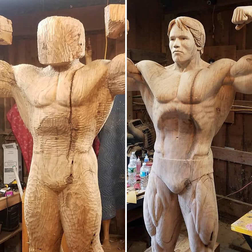 James O’Neal's Wood Statue Of Arnold Schwarzenegger From The End To The Beginning