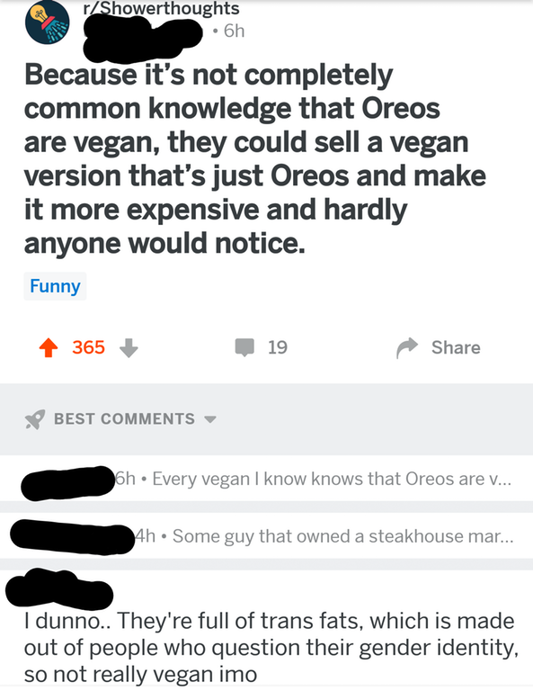 document - rShowerthoughts .6h Because it's not completely common knowledge that Oreos are vegan, they could sell a vegan version that's just Oreos and make it more expensive and hardly anyone would notice. Funny 4 365 19 P Best oh Every vegan I know know