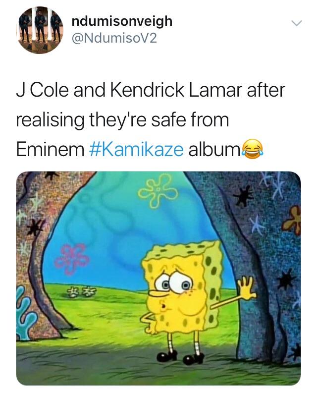 tweet - spongebob quiet kid meme - ndumisonveigh J Cole and Kendrick Lamar after realising they're safe from Eminem albuma