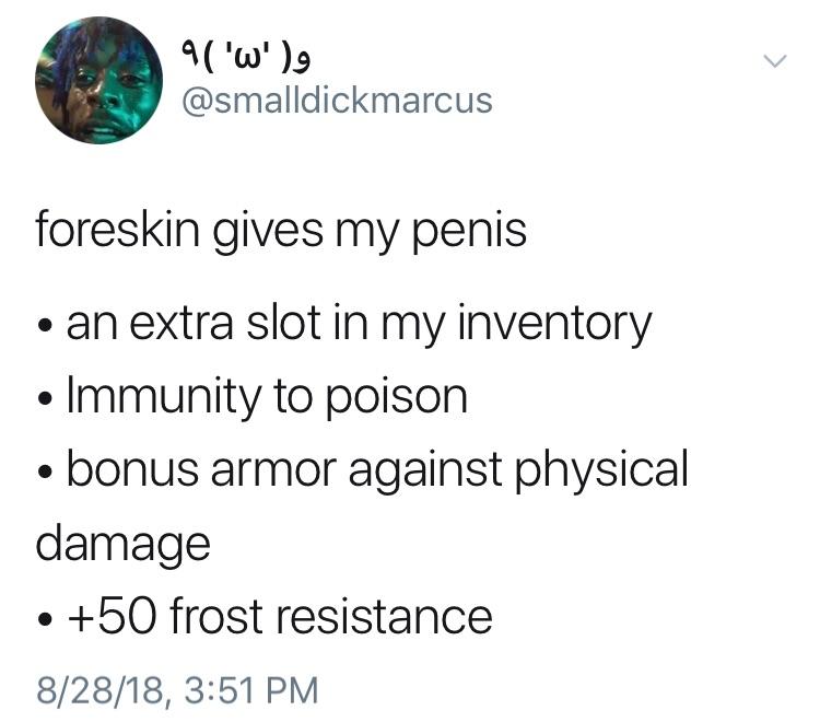 tweet - angle - 9 'w', foreskin gives my penis an extra slot in my inventory Immunity to poison bonus armor against physical damage 50 frost resistance 82818,