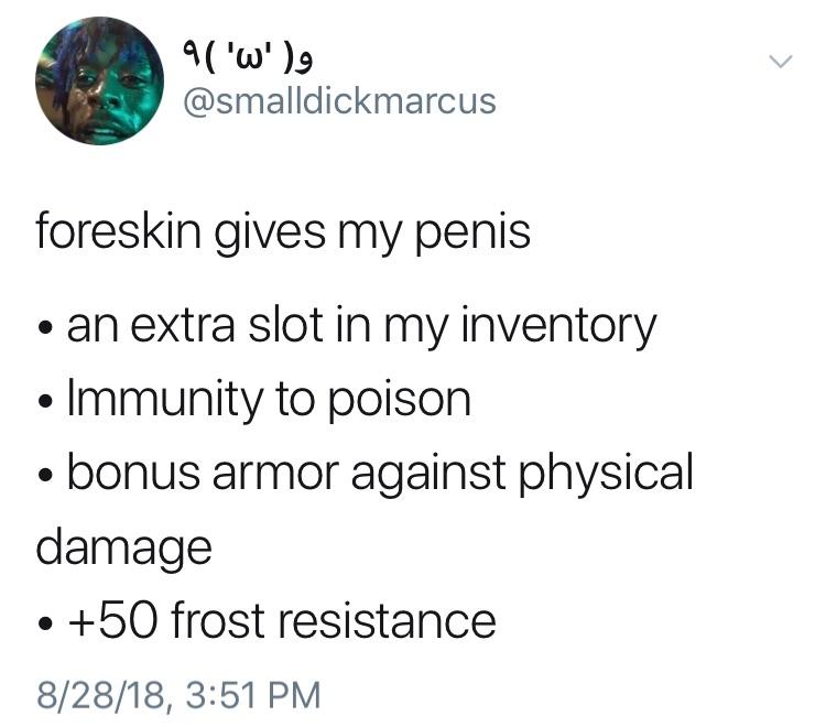 angle - 9 'w', foreskin gives my penis an extra slot in my inventory Immunity to poison bonus armor against physical damage 50 frost resistance 82818,