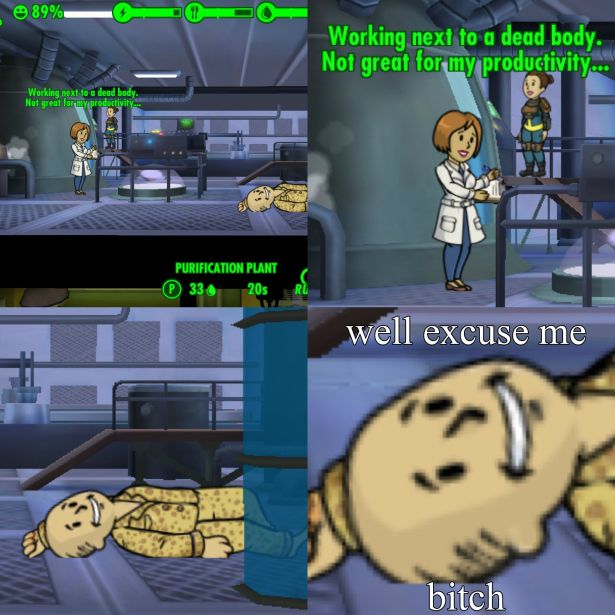 fallout shelter meme - 89% Working next to a dead body. Not great for my productivity... Working next to a dead body. Not great for any productivity 28 Purification Plant 33 205 well excuse me bitch