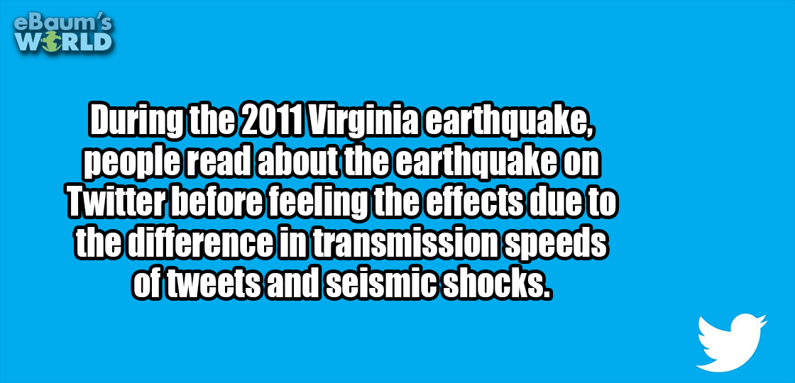 point - eBaum's World During the 2011 Virginia earthquake, people read about the earthquake on Twitter before feeling the effects due to the difference in transmission speeds of tweets and seismic shocks.