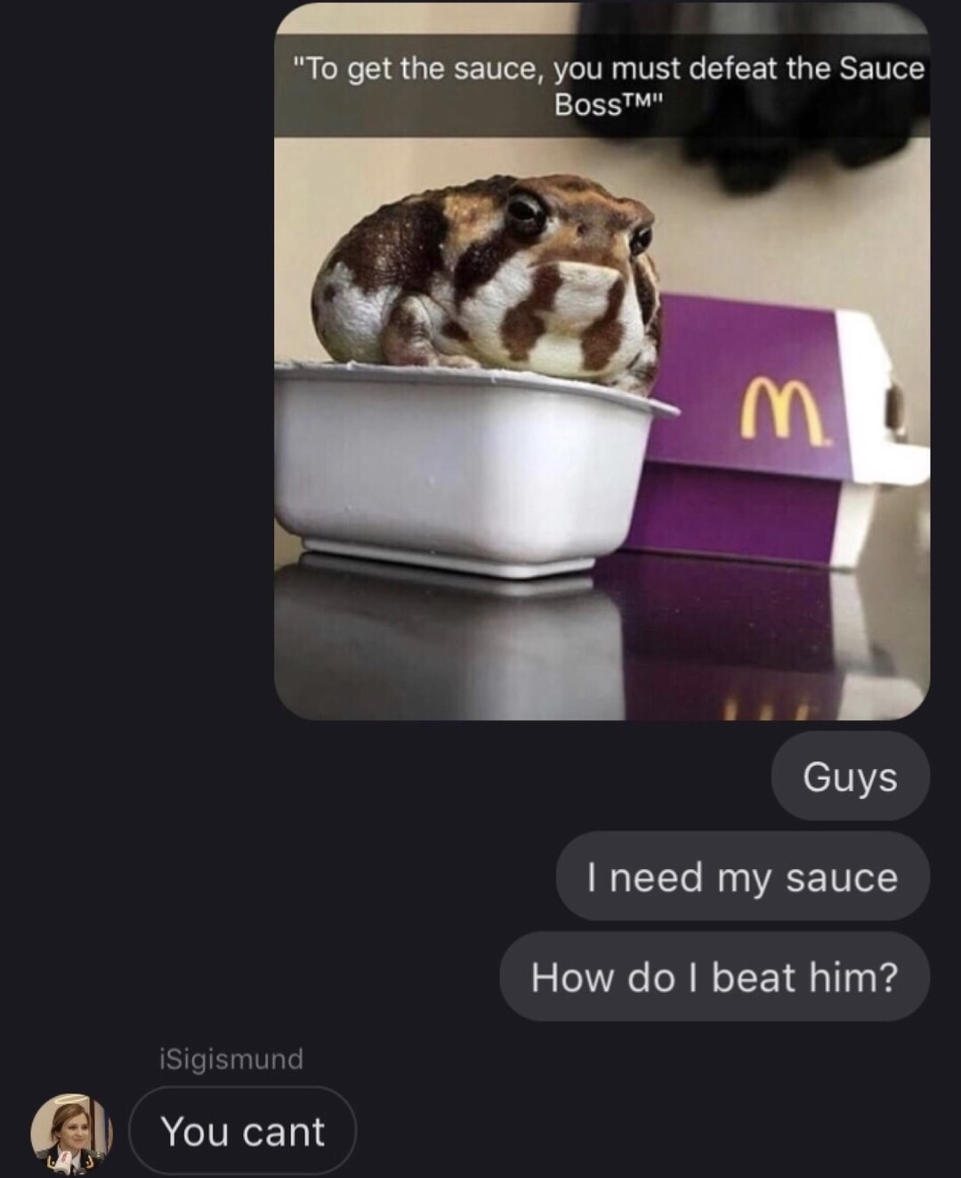 sauce boss meme - "To get the sauce, you must defeat the Sauce BossTM" Guys I need my sauce 'How do I beat him? iSigismund You can You cant
