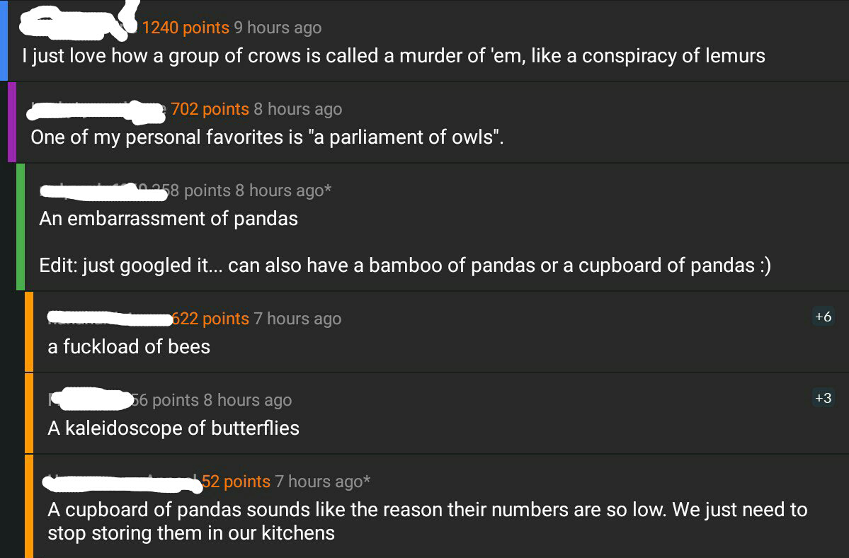 software - 1240 points 9 hours ago I just love how a group of crows is called a murder of 'em, a conspiracy of lemurs 702 points 8 hours ago One of my personal favorites is "a parliament of owls". 0258 points 8 hours ago An embarrassment of pandas Edit ju