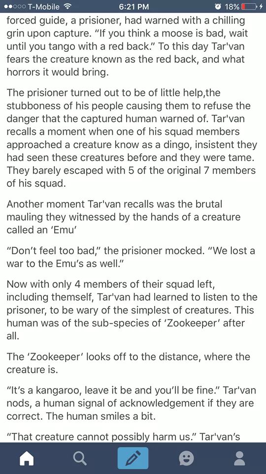 aliens vs wildlife - ..000 TMobile 18% O forced guide, a prisioner, had warned with a chilling grin upon capture. "If you think a moose is bad, wait until you tango with a red back." To this day Tar'van fears the creature known as the red back, and what h