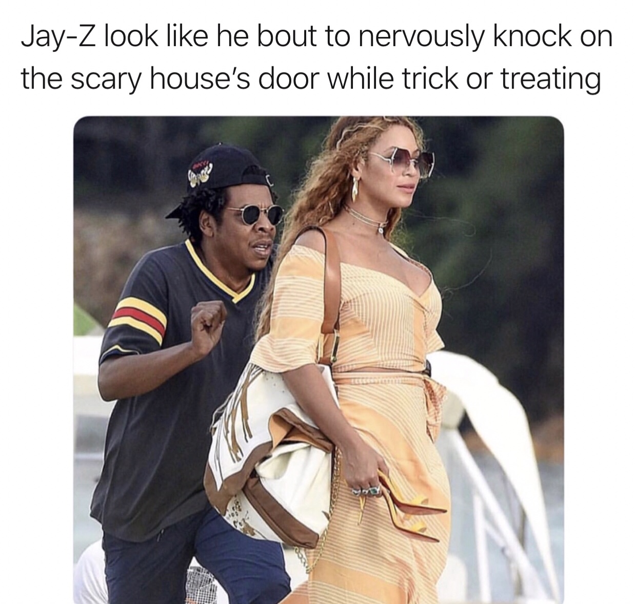 memes - beyonce jay z meme - JayZ look he bout to nervously knock on the scary house's door while trick or treating
