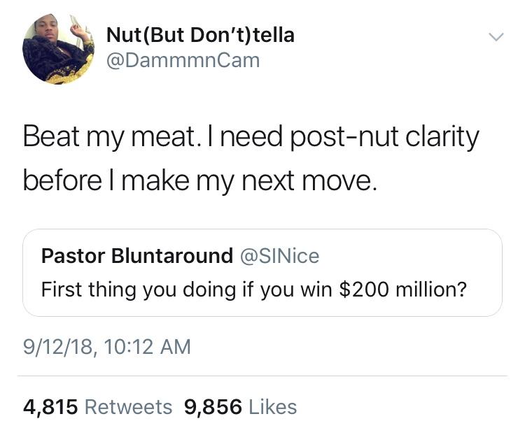 memes - post nut clarity meme - NutBut Don'ttella Beat my meat. I need postnut clarity before I make my next move. Pastor Bluntaround First thing you doing if you win $200 million? 91218, 4,815 9,856