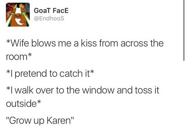 relationship memes of lee garrett tweets Goat FacE Wife blows me a kiss from across the room I pretend to catch it I walk over to the window and toss it outside "Grow up karen"