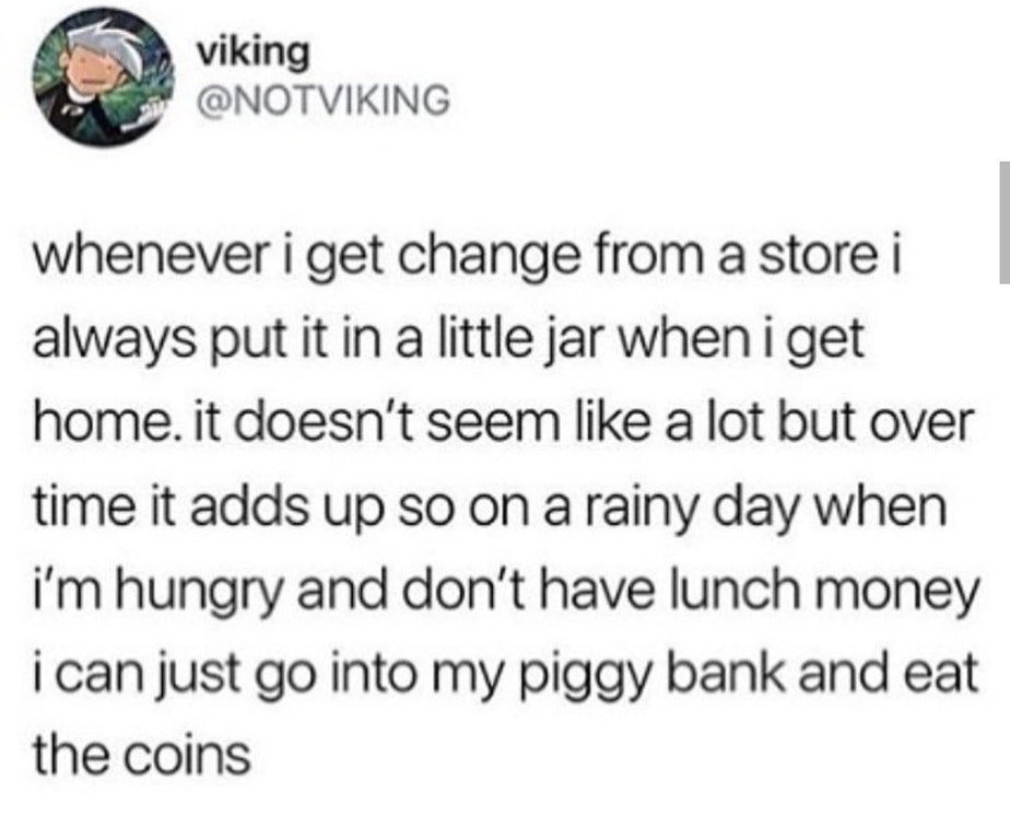 viking whenever i get change from a store i always put it in a little jar when i get home. it doesn't seem a lot but over time it adds up so on a rainy day when i'm hungry and don't have lunch money i can just go into my piggy bank and eat the coins