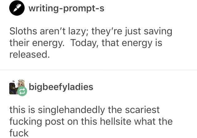 tumblr - trust quotes - writingprompts Sloths aren't lazy; they're just saving their energy. Today, that energy is released. bigbeefyladies this is singlehandedly the scariest fucking post on this hellsite what the fuck