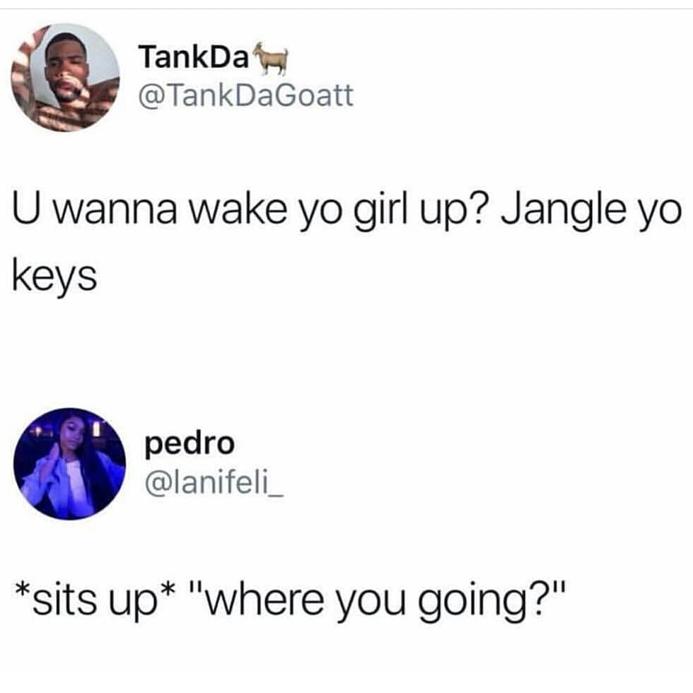 meme Meme - TankDan U wanna wake yo girl up? Jangle yo keys pedro sits up "where you going?"