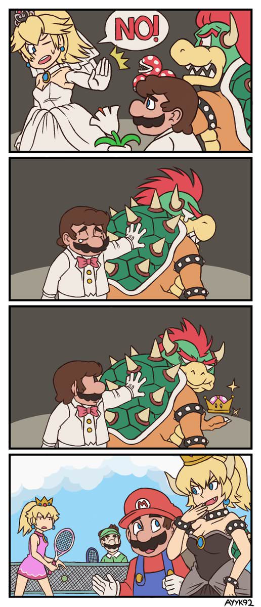 Bowsette Origin meme comic - First panel shows Peachette rejecting the romantic advances of Bowser and Mario, second panel shows mario and bowser consoling each other, third panel shows bowser showing mario he has a crown, last panel mario and bowsette wa