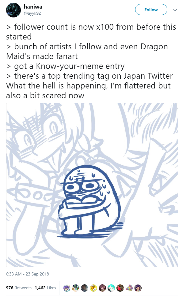 Tweet from the original artist, haniwa, talking about finding out his drawing blew up