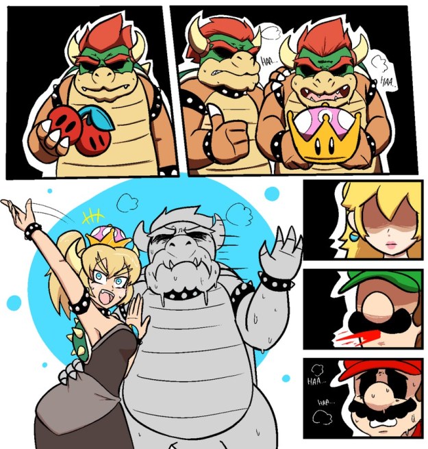 Comic of Bowser deciding to turn into Bowsette. Peach looks surprised, Luigi looks excited, Mario is sweating
